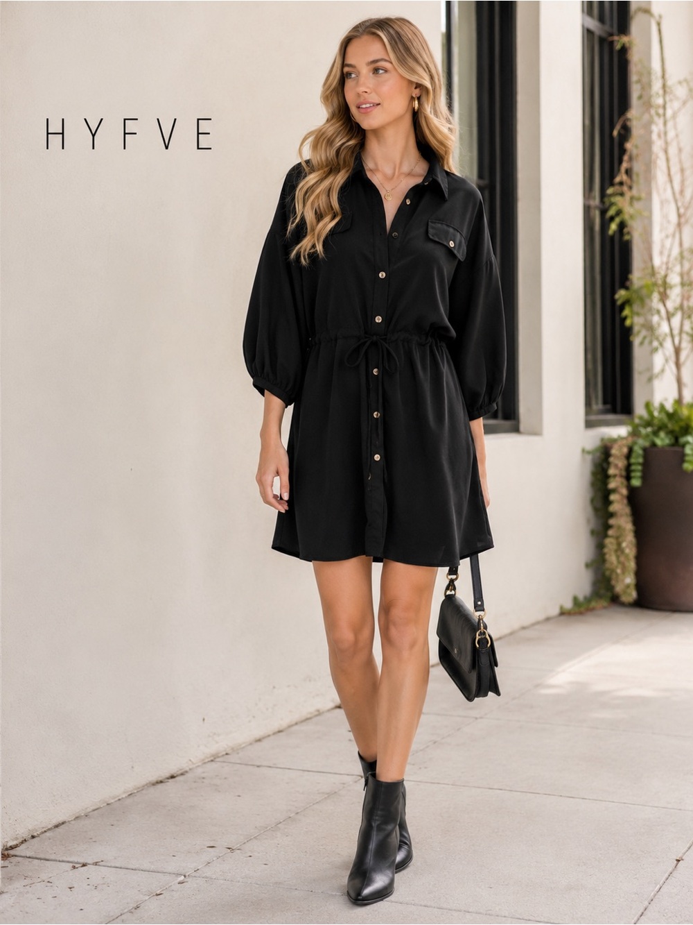 HYFVE Ruched Button-Front Shirt Dress Black Mini